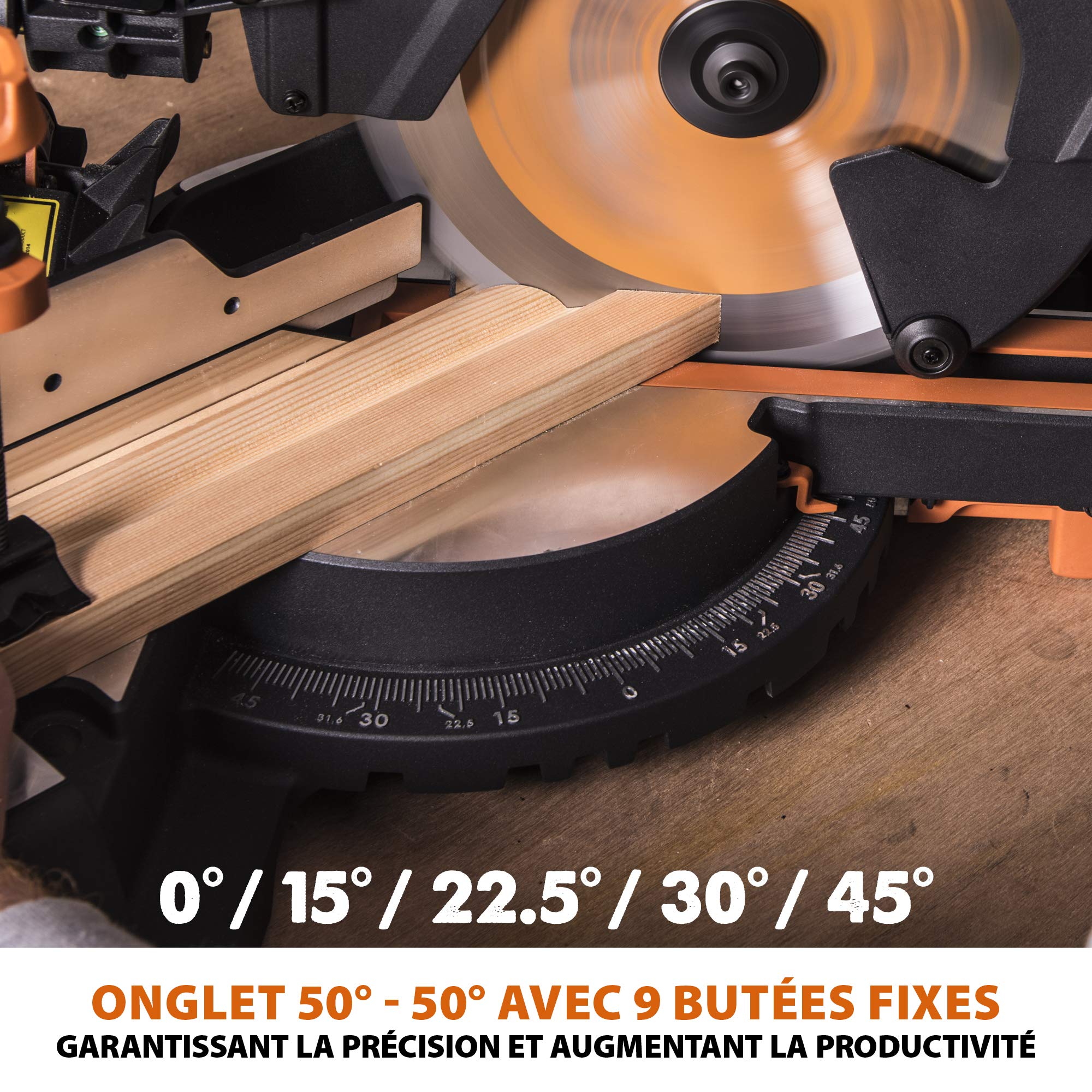Evolution Power Tools Scie à Onglet Coulissante avec des Caractéristiques PLUS - 0-45˚ Biseau, 50-50˚ Onglet - Coupe Multi-Matériaux - Le Bois, Le Plastique, Le Métal Lame Incluse 255mm - R255SMS+