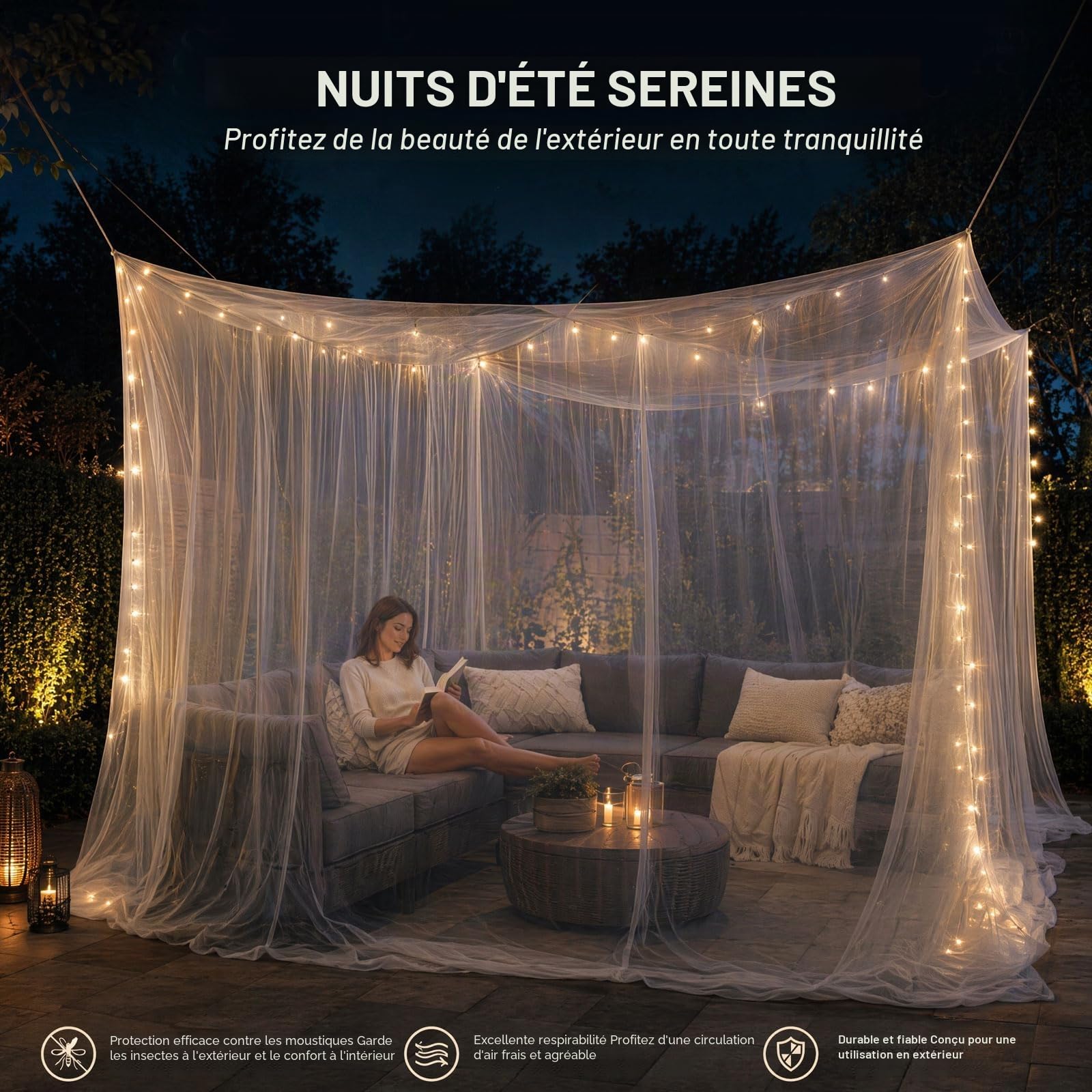 Moustiquaire d'extérieur - 300 x 300 x 250 cm - Protection contre les insectes - Pour tonnelle et camping - Blanc