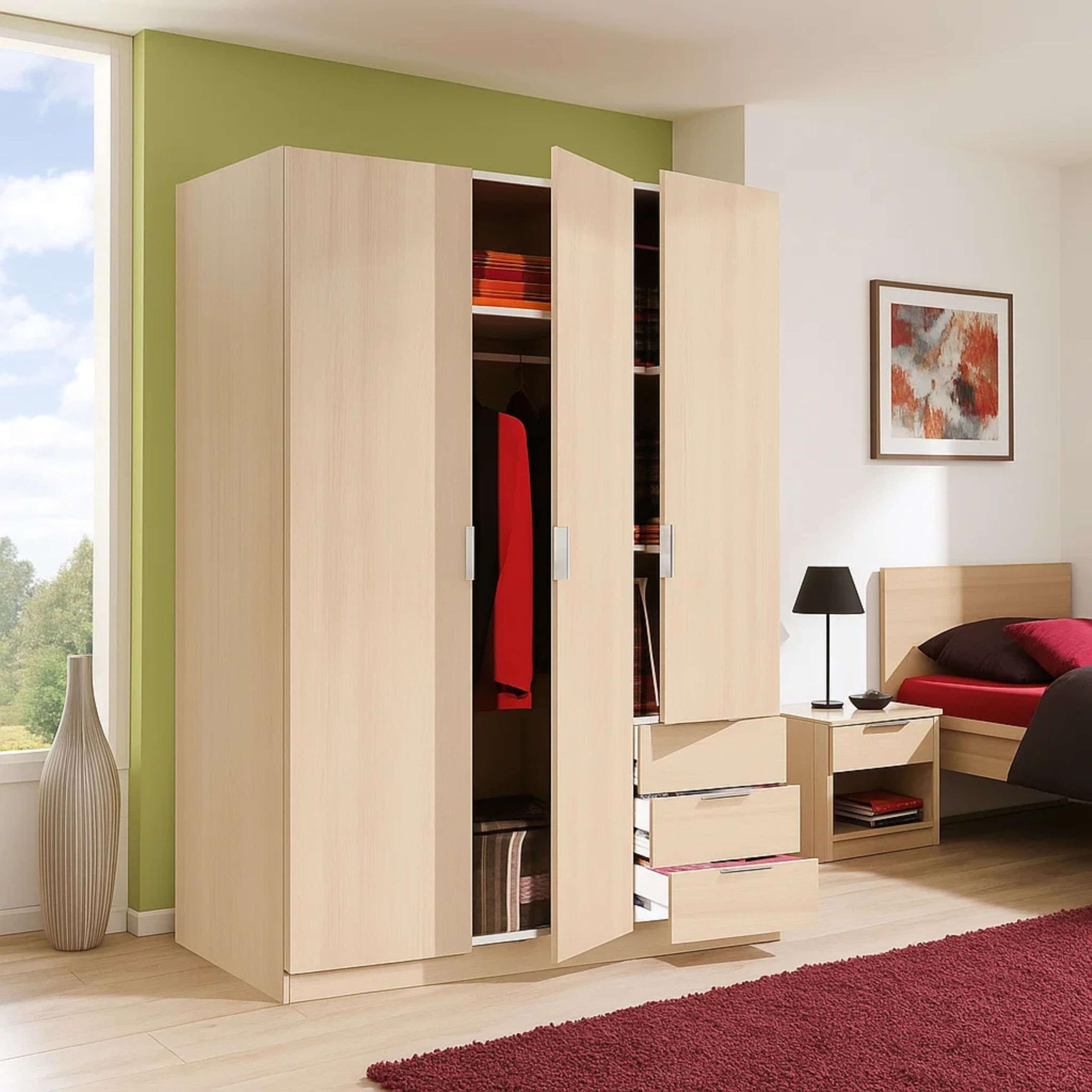 Habitdesign Armario Ropero 3 Puertas 3 Cajones, 121x180x52 (AnchoxAltoxFondo-en Cm), Color Roble