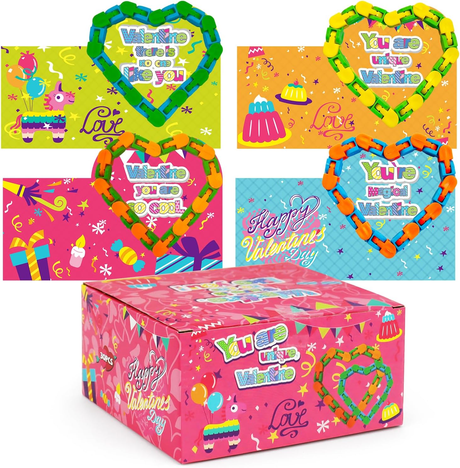 30PACK Valentines Day Gifts for Kids, 6 Color Wacky Tracks Fidget Toys with Valentines Gift Cards for Boys Girl School Classroom Exchange Prize, Fun Valentines Party Favors Toys