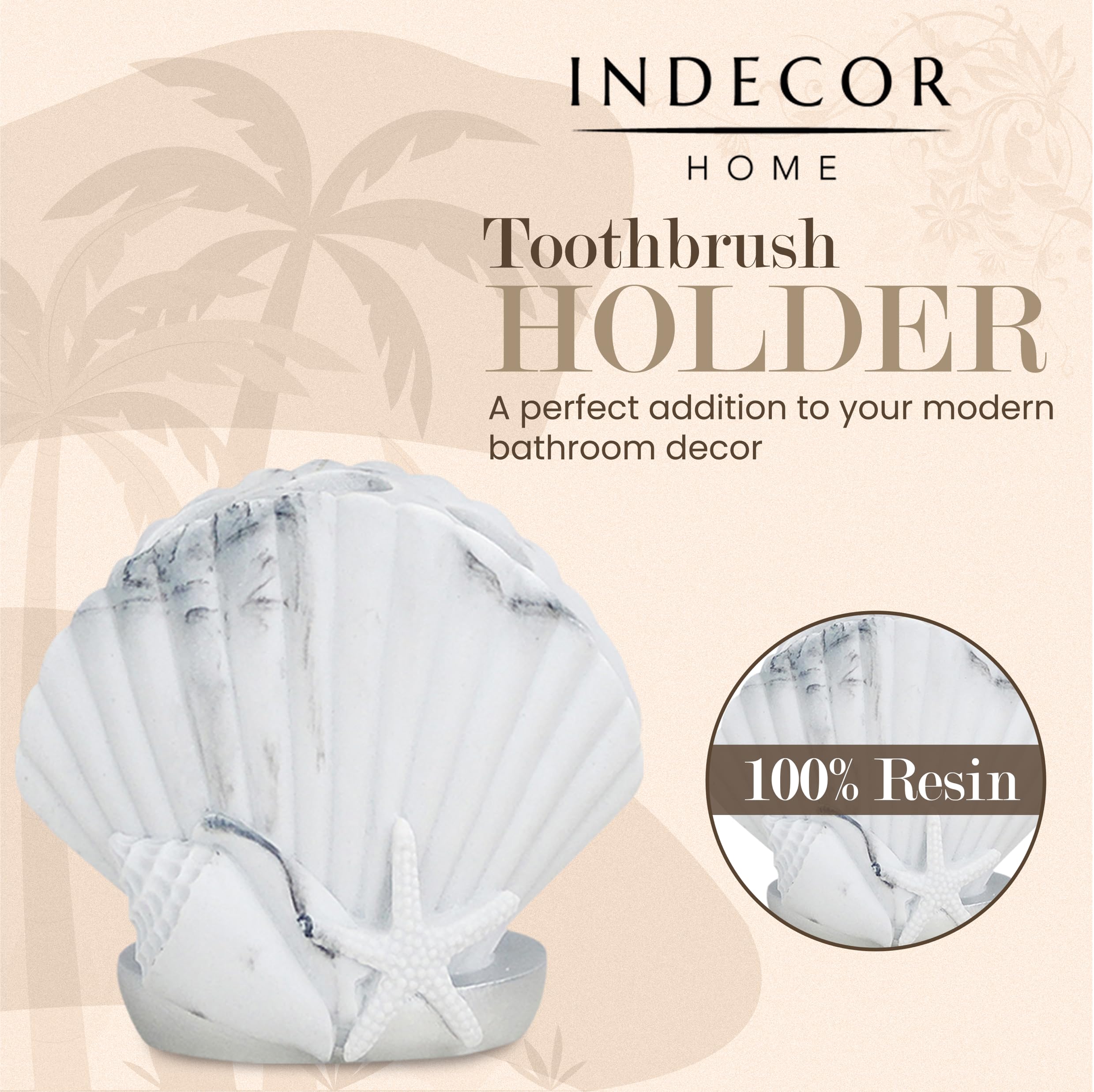 Indecor Home Toothbrush Holder, Beach Inspired, Coastal Home Decor, Seashell Design for Bathroom, Kitchen Sink, Makeup Brushes, Office, 100% Resin