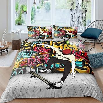 Boys Skateboard Comforter Cover Colorful Graffiti Style Bedding Set for Kids Girls Teens Decor Extreme Sports Skate Board Duvet Cover Hip Hop Street Culture 2Pcs Zipper Single Size
