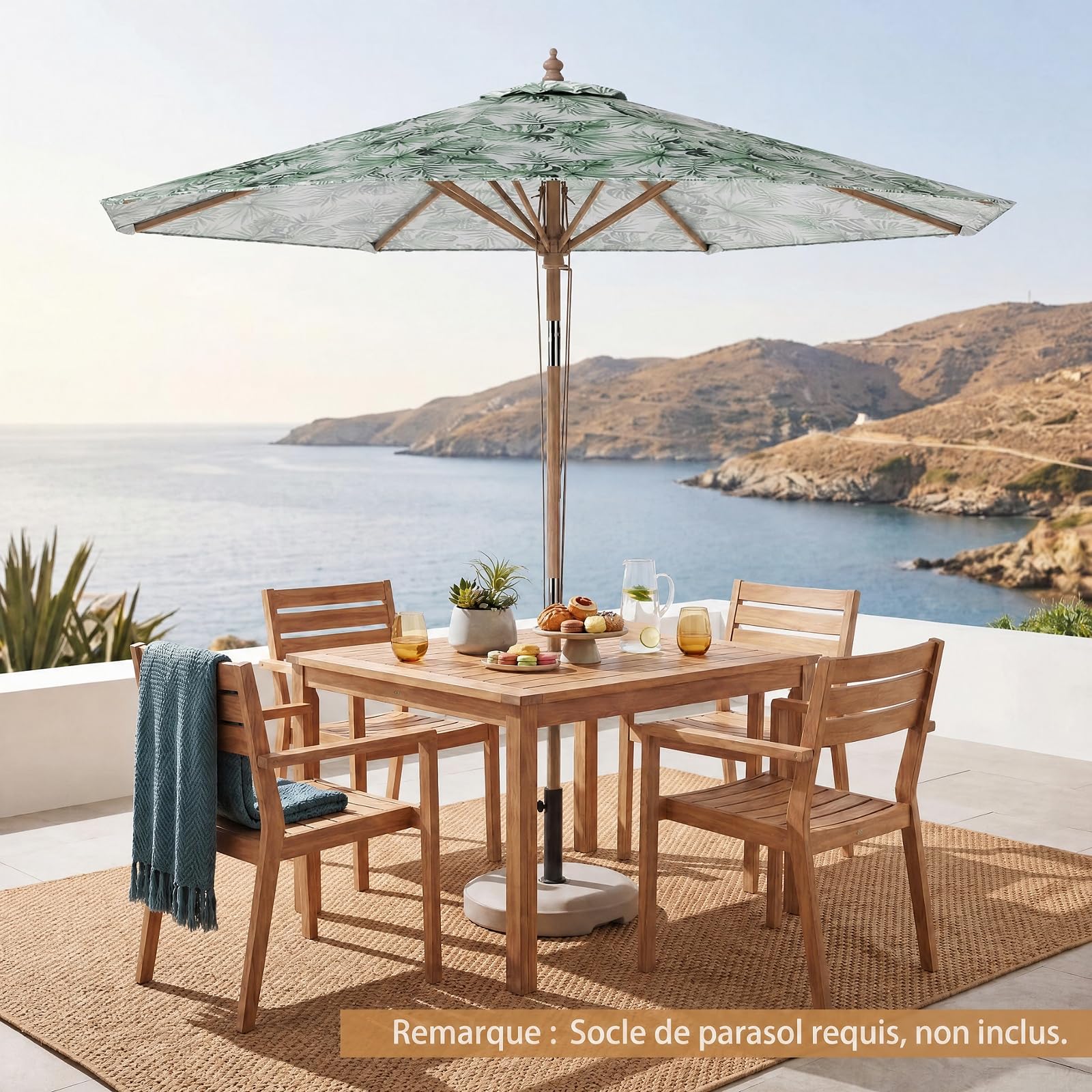 RELAX4LIFE Parasol Inclinable 270CM en Bois, Motif de Plantes Tropicales