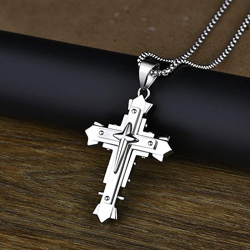 Miniatura 4 de YL Collar de cruz para hombre con colgante de acero inoxidable de 24 pulgadas, joyería de cadena Rolo