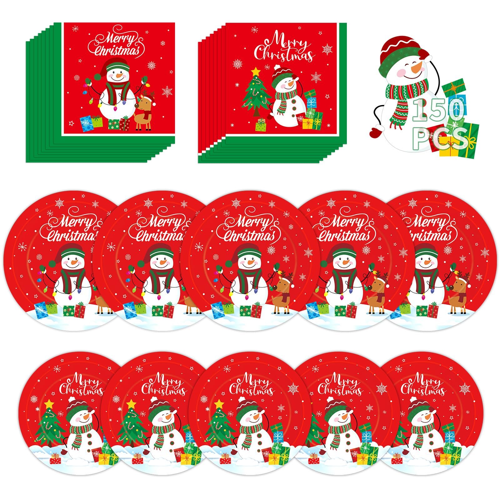 150 Pcs Merry Christmas Plates and Napkins Set - Xmas Paper Plates and Napkins, Snowman Dinner Dessert Plate Napkin Tableware Kit for Winter Christmas