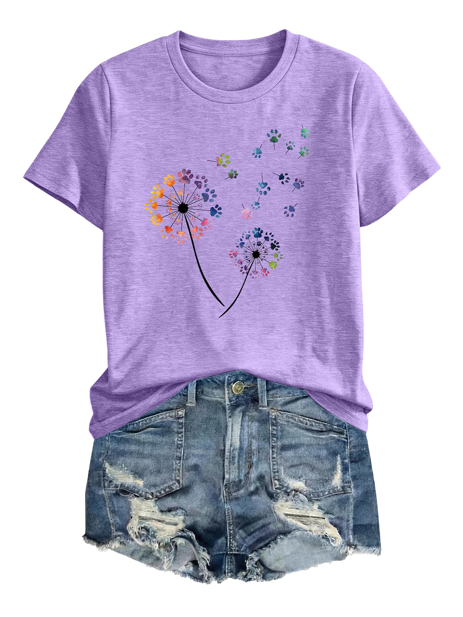 Anbech Women Dandelion Print T Shirts Summer Short Sleeve Graphic Tees | Cute Dandelion Paw Print Tshirt Casual Crewneck Loose Fit Flower T-shirts Teen Girls Colorful Comfy and Soft Daily Wear