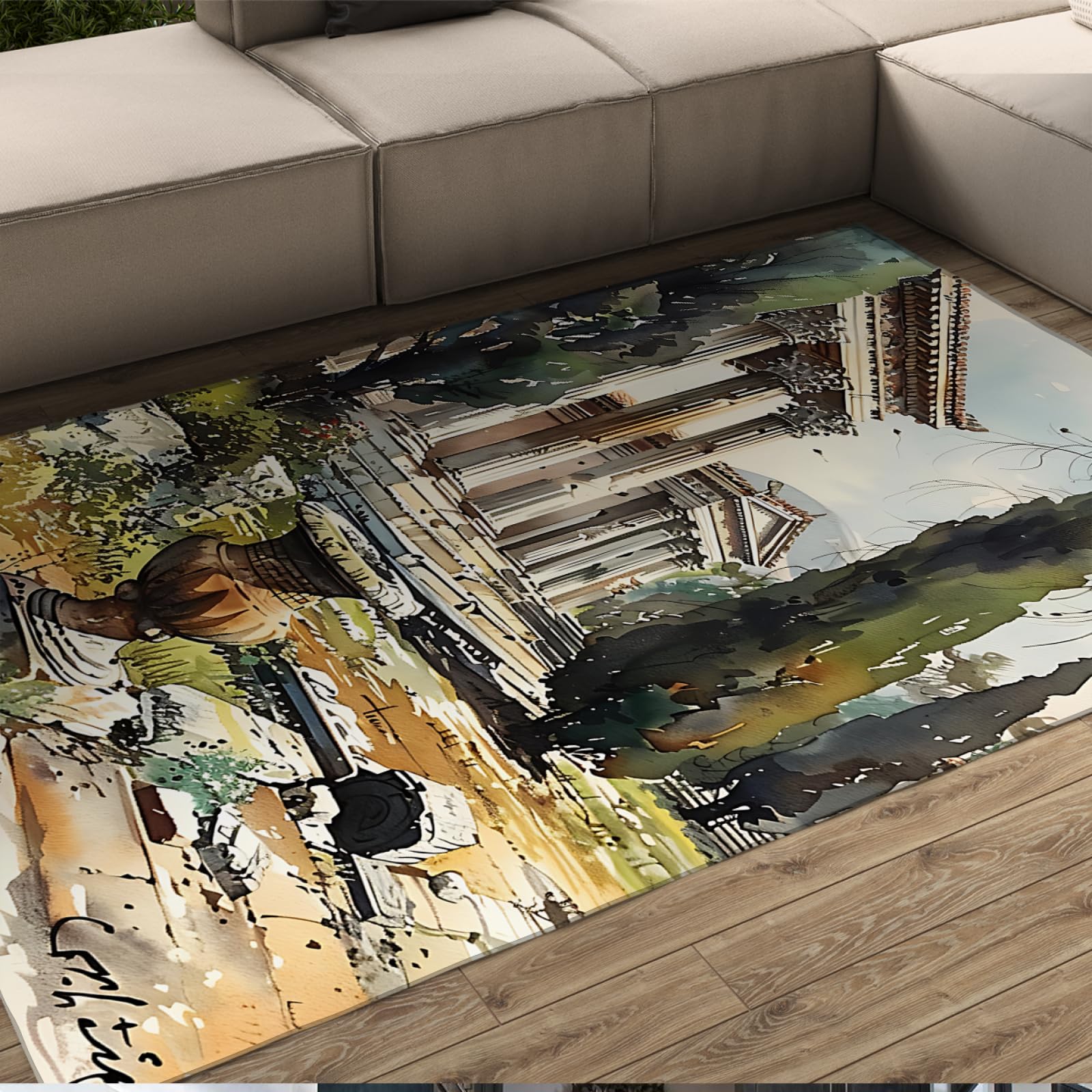 Tapis de Style campagnard 60x90cm - Thème Aquarelle Wilderness Rétro Bâtiment Forêt Paysage Antidérapant Tapis Mince à Poils Ras pour l’entrée