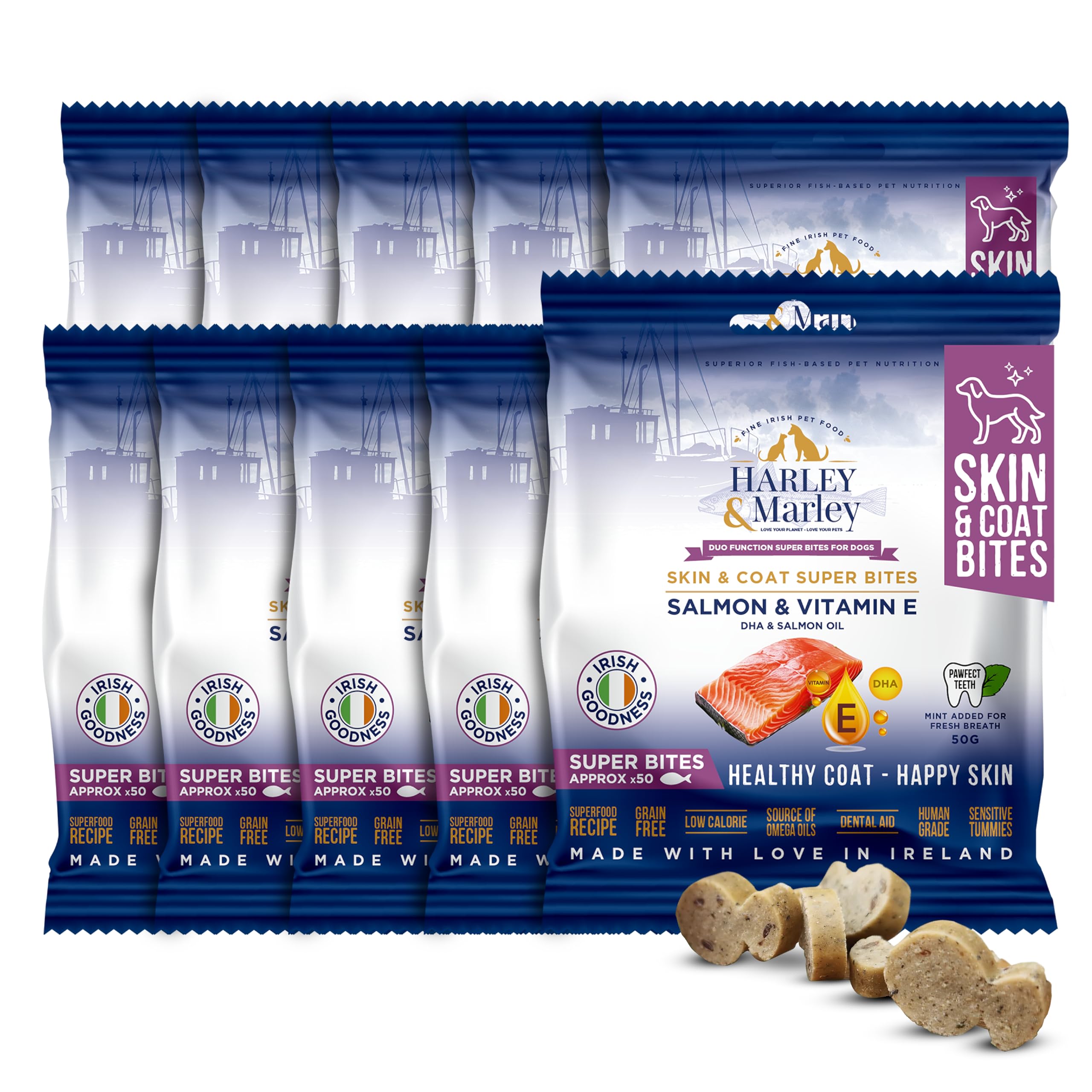 Harley & Marley Skin & Coat Super Bites for Dogs - Natural Dog Skin and Coat Supplement with Salmon, Vitamin E, DHA & Chia Seeds - Supports Healthy Skin, Shine & Coat Condition - 10pk (50/pk)
