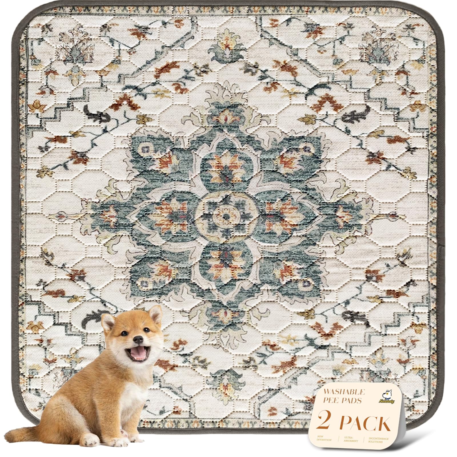 nunubaby Washable Pee Pads for Dogs, Stylish, Non-Slip and Leak-Proof Pee Pads. Reusable Potty Pads for Dogs for Crates and Floors.(Beige/Floral, 36" x36" )