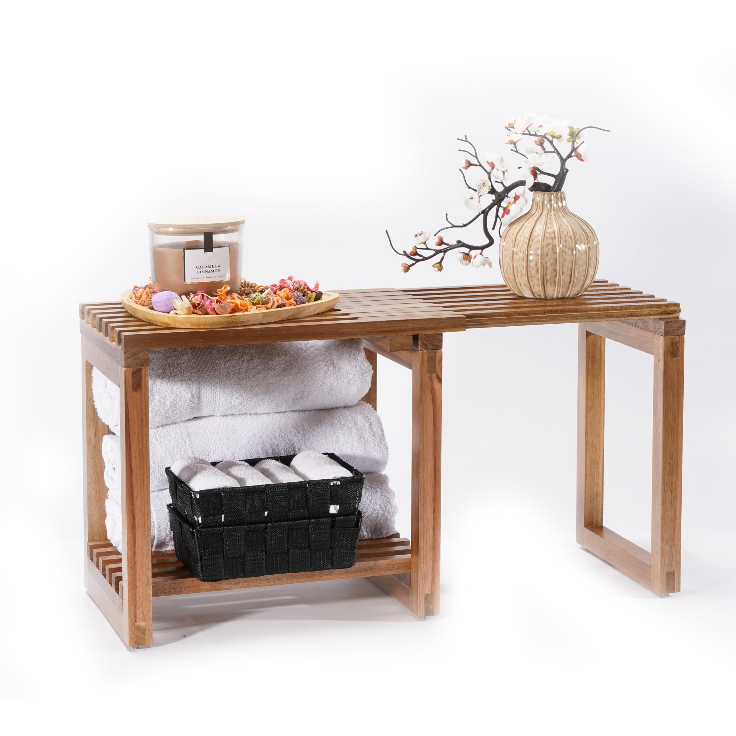 SVADA Taburete de ducha extensible de madera de acacia, banco de ducha de acacia con estante, banco de sauna multifuncional, taburete y mesa auxiliar de madera para baño, ducha, balcón, jardín