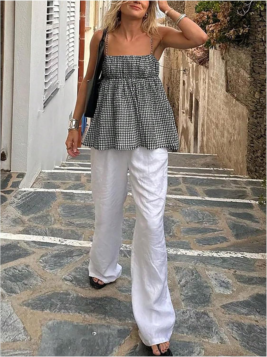 SOLY HUX Women's Summer Plaid Gingham Peplum Tops Babydoll Square Neck Flowy Cute Camisole Top - Image 3