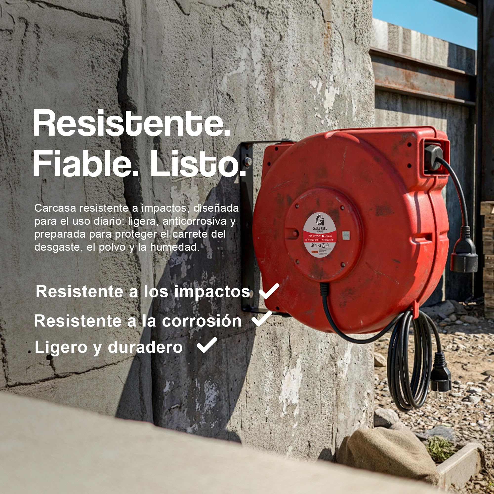G Carrete de cable automático 20 m x 2,5 mm² - Enrollador retráctil con soporte de pared giratorio, 1600 W enrollado / 3200 W desenrollado