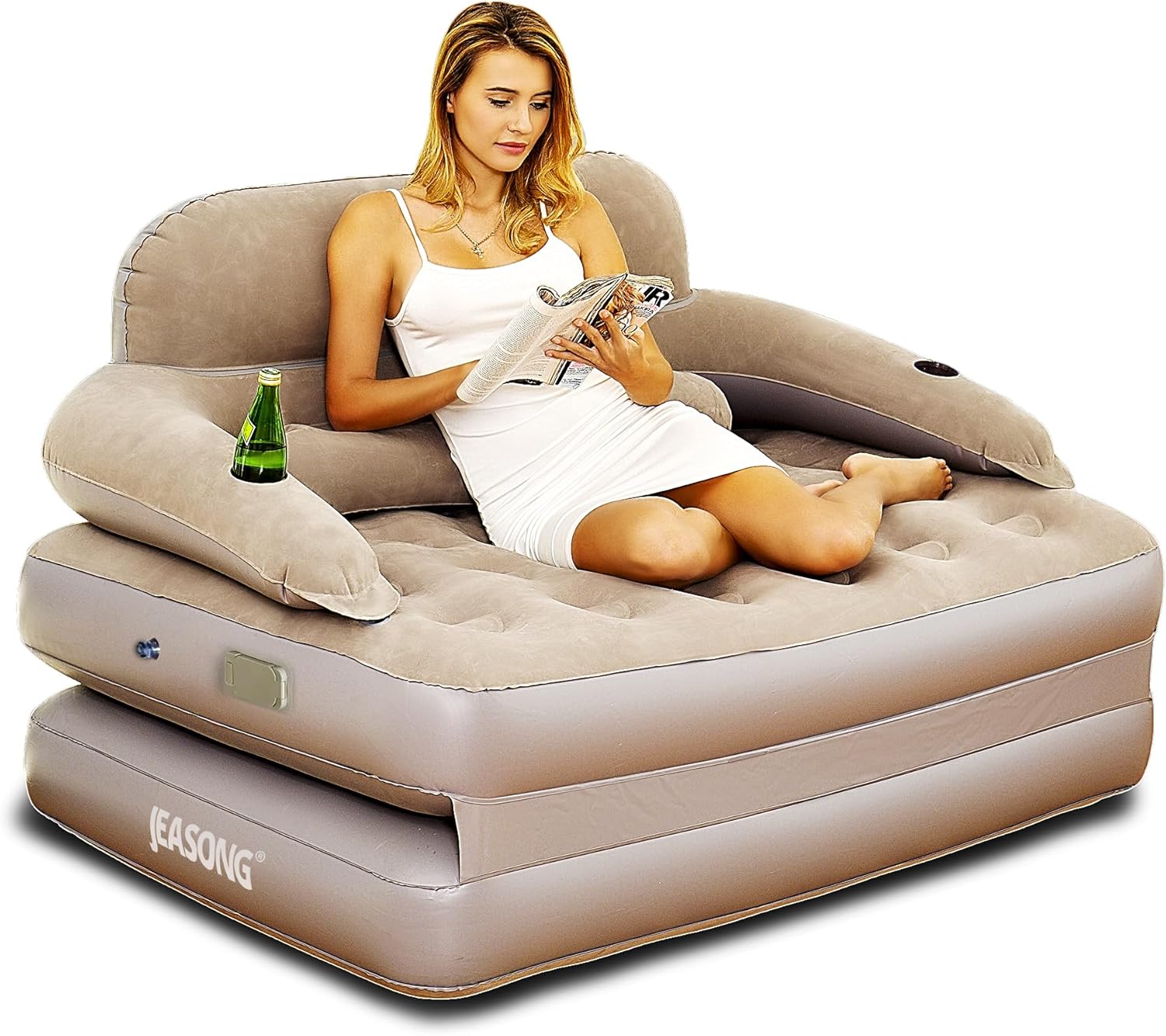 JEASONG Inflatable Chair Sofa with Built-in Rechargeable Pump, 2-in-1 Air Couch & Mattress Bed, One-Touch Inflation, Multifunctional for Home or Outdoor, Foldable, Easy Storage Queen (U.S. Standard) Built-in wireless air pump