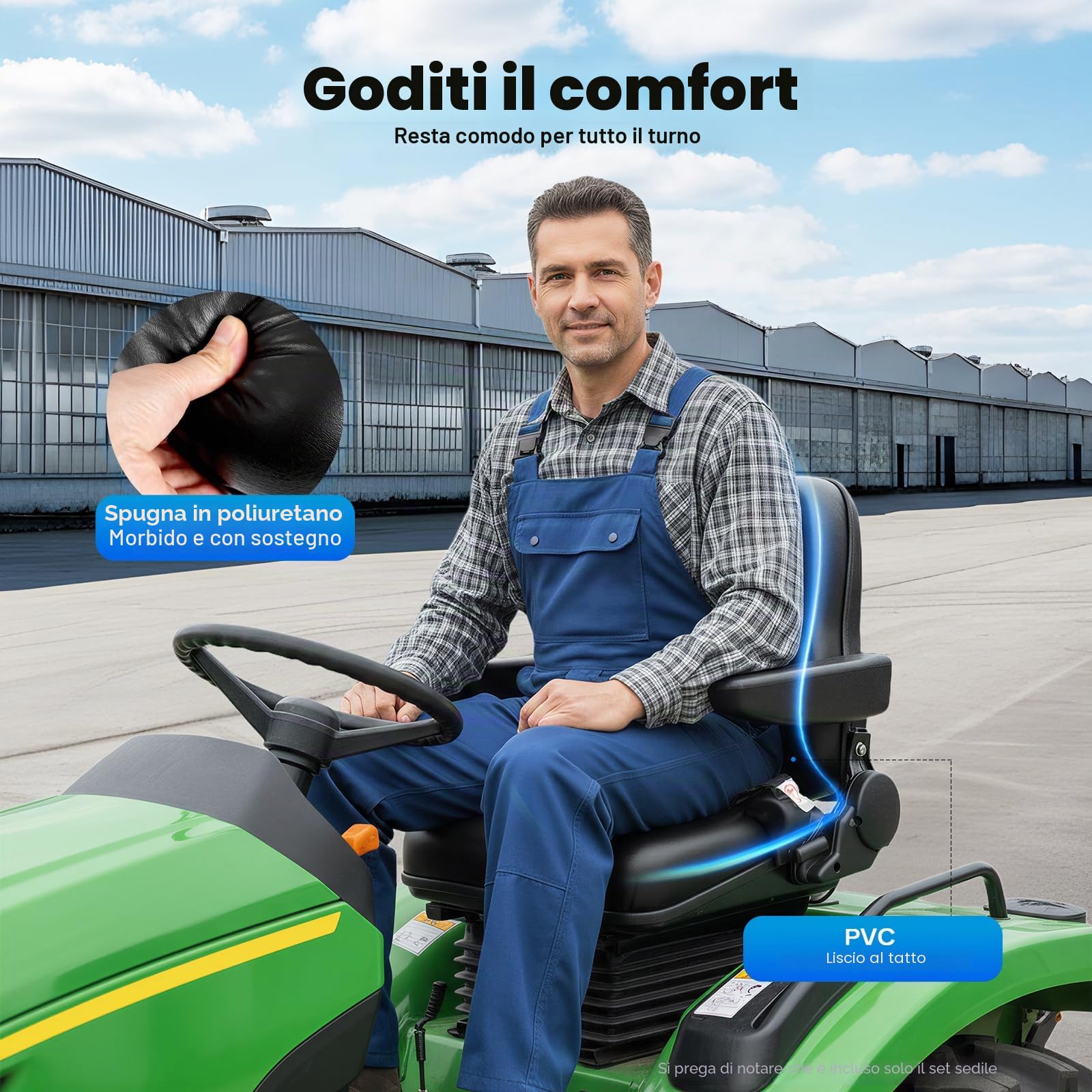 Sedile trattore universale con braccioli e cintura di sicurezza, schienale regolabile a 35 – 180°, portata 100 kg, per tosaerba, trattori, escavatori