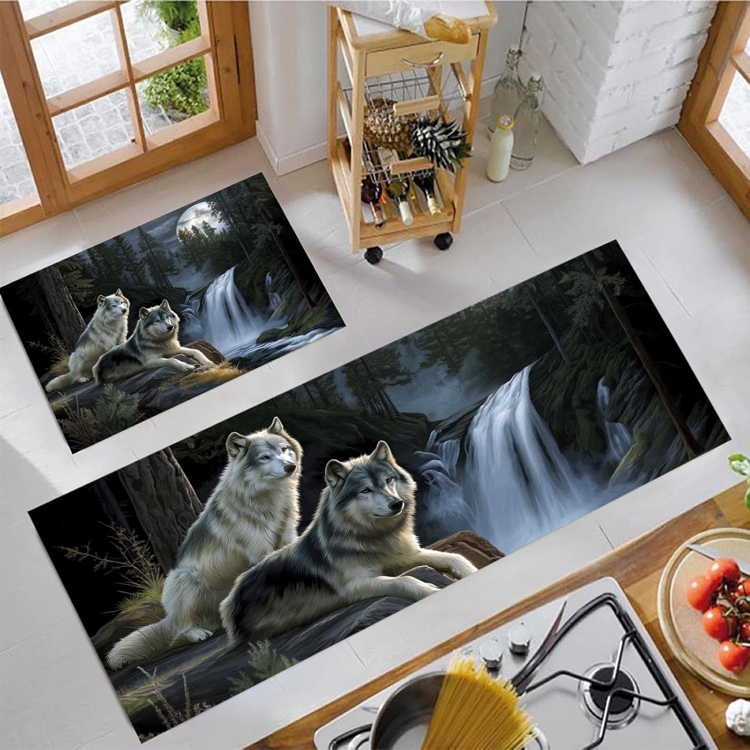 Wild Animal Wolf Kitchen Rugs Sets of 2 Non Slip Washable Forest Waterfall Kitchen Rugs and Mats Runner Rug Floor Carpet for Laundry, Hallways, Floor 20"x59"+20"x32" Grey