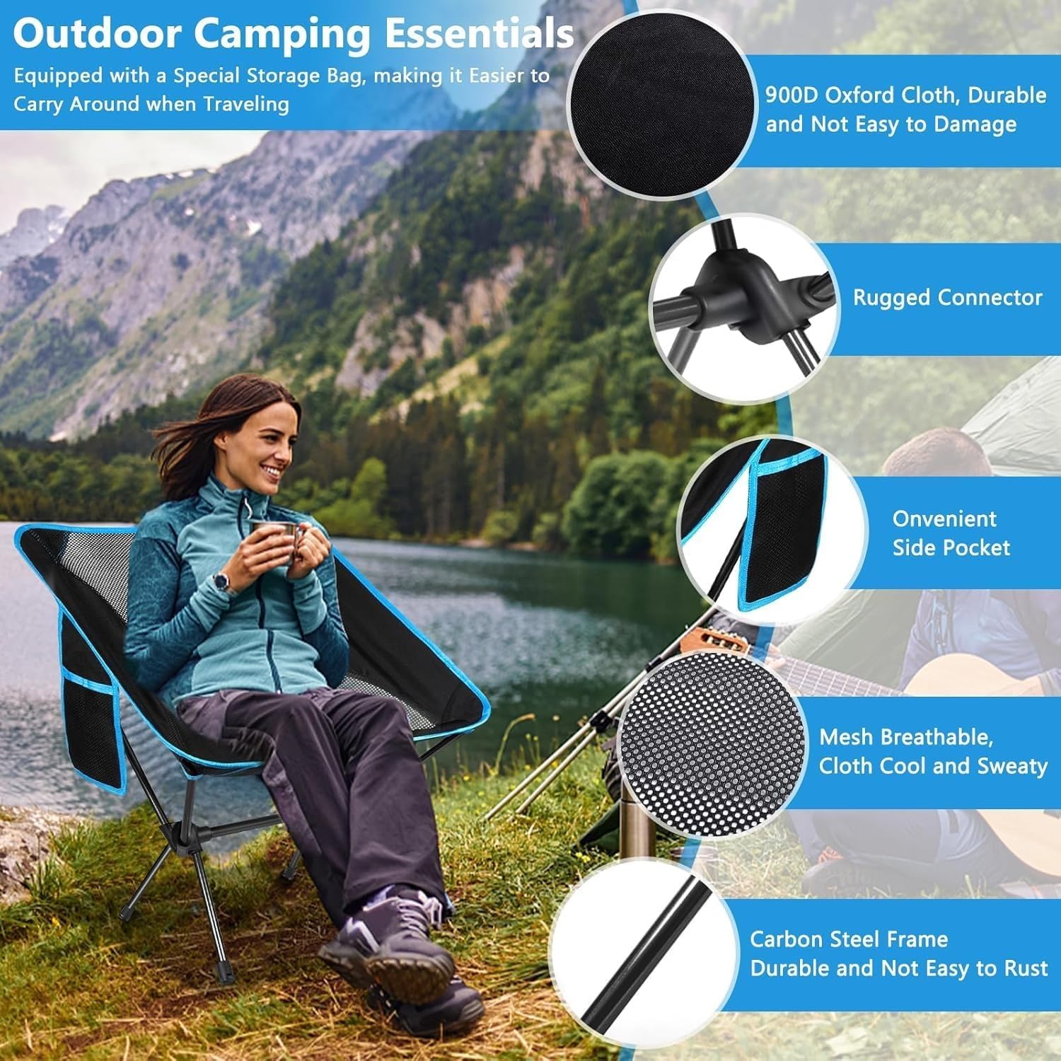 Chaise de Camping Pliable, Chaise Pliante Portable Légère avec Sac de Transport, Charge Maximale 120kg, Ultra Légère Chaise de Plage Pliable pour Les Voyages, Randonnée, Camping, Pique-Nique - 3
