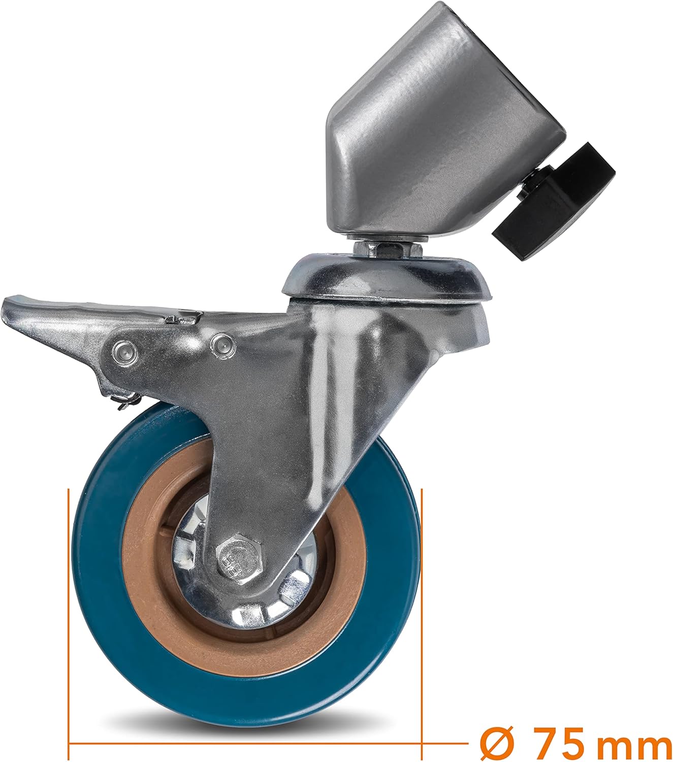 Samping view of a tripod wheel with 75mm diameter measurement indicated