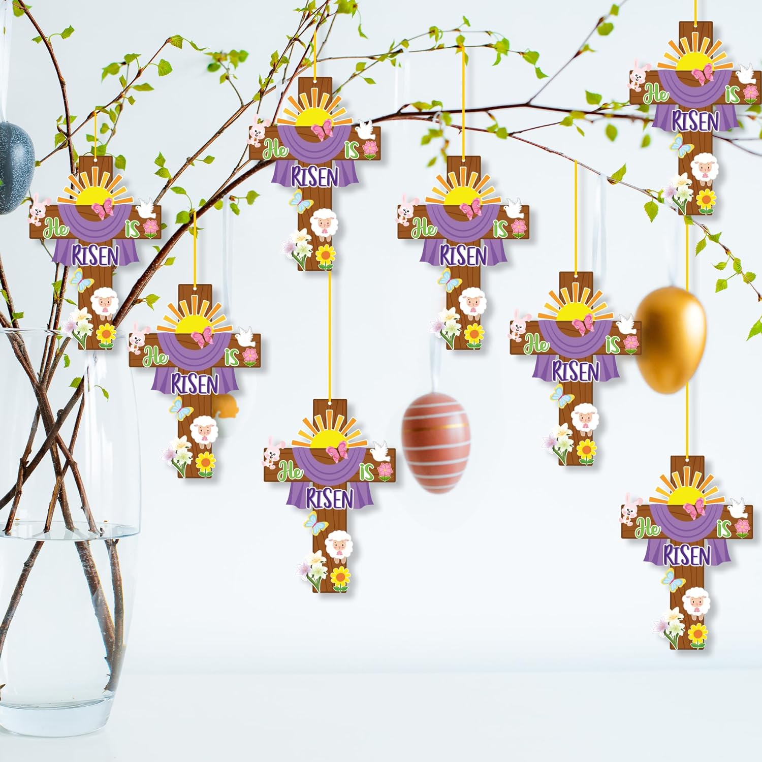 Haooryx Easter He is Risen Cross Craft Kit - 28 Pack Make Your Own Jesus Resurrection Cross Hanging Ornaments Thankful Craft for Church Sunday School Classroom Christian Easter Day Party Supply