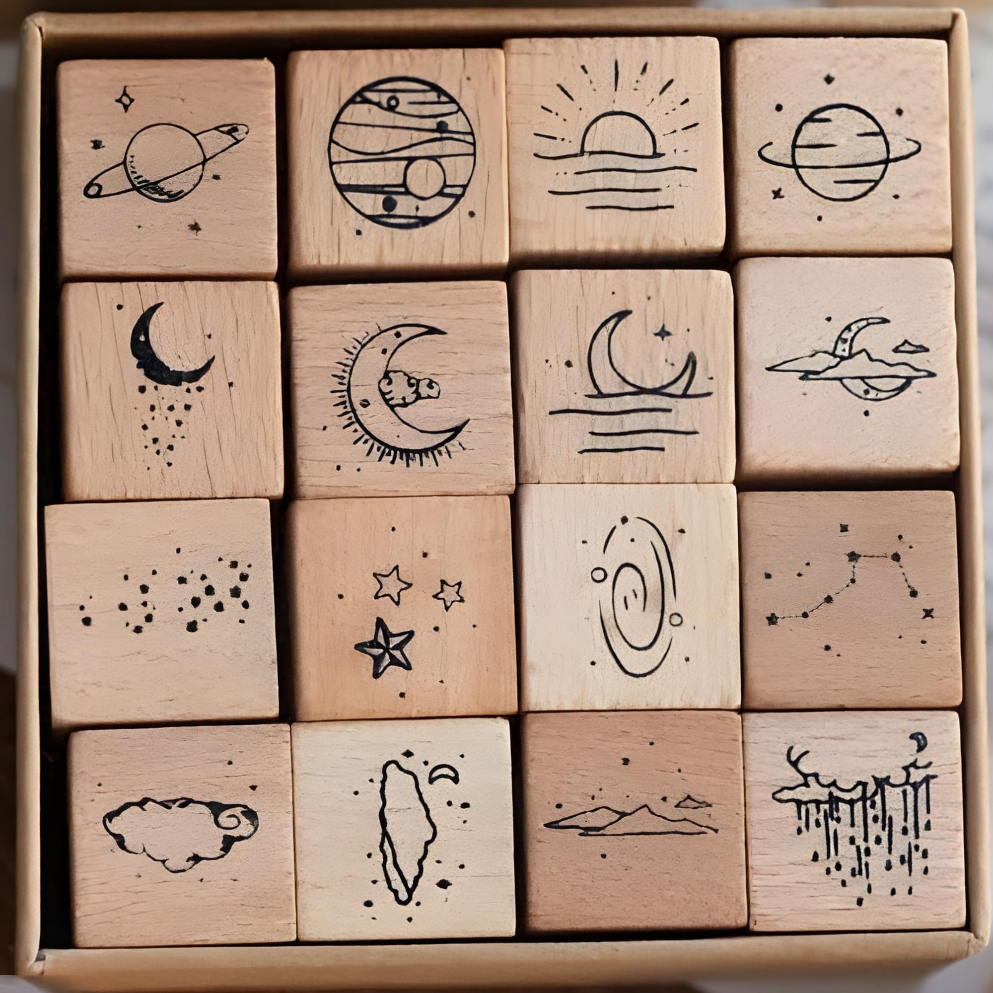 16pcs Wooden Rubber Stamp Set, Cusmiz Moon Star Decorative Signet for Card Making, DIY Craft, Scrapbooking, Diary Decor