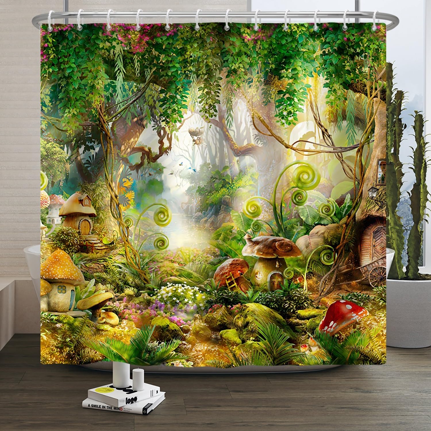 Rideau De Douche Anti-moisissure Motif Montagne Fleurs Cerisier 3D - 90x200 Cm