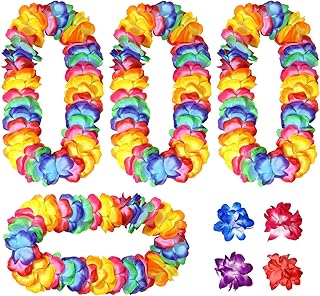 4 Pack Thickened Rainbow Hawaiian Leis Floral Necklace with 4 Hair Clips for Hula Dance Luau Party, Party Favors Celebrati...