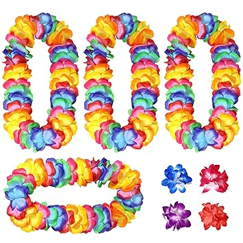 4 Pack Thickened Rainbow Hawaiian Leis Floral Necklace with 4 Hair Clips for Hula Dance Luau Party, Party Favors Celebrations and Decorations