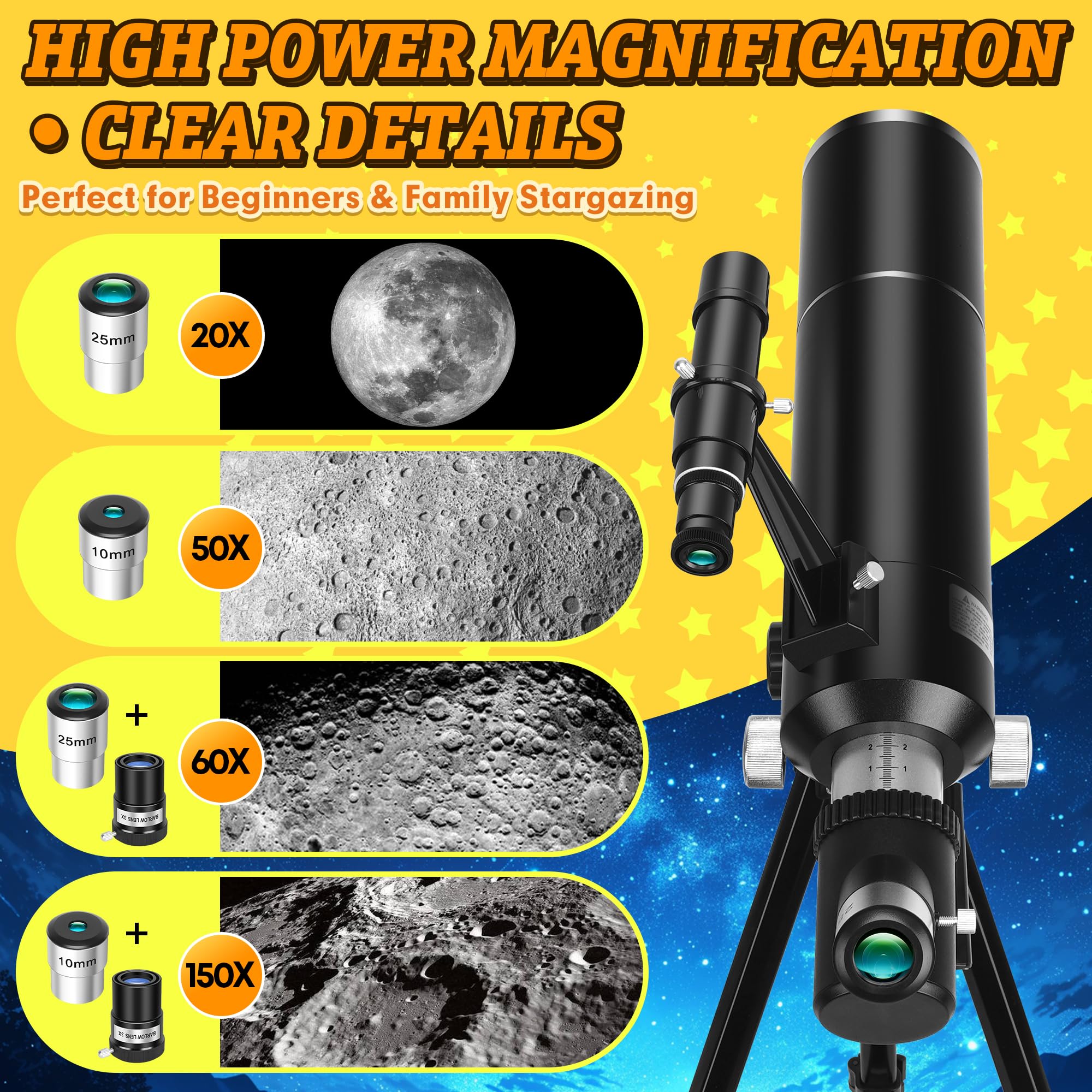 Télescope Astronomique pour Adultes et Enfants, 80/500mm Réfracteur Portable Télescope professionnel pour Débutants avec Trépied, Adaptateur Téléphone – Idéal pour Observer la Lune et Nature