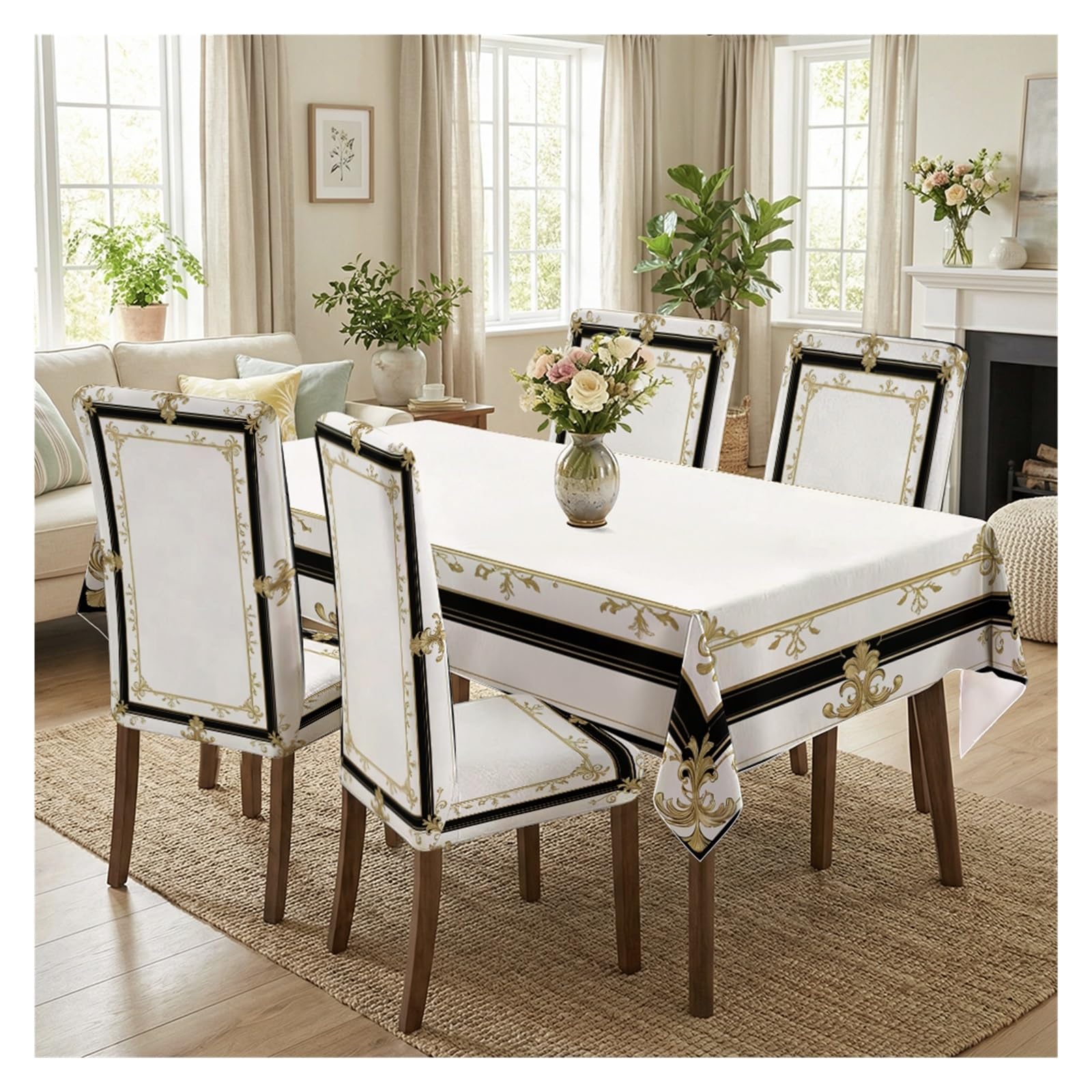 KXUAUV Baroque Gold Frame Print Stretch Dining Chair Covers & Tablecloth Set, 5/7 Pack Party Decor(5pcs Set: Tablecloth+Chair Covers)