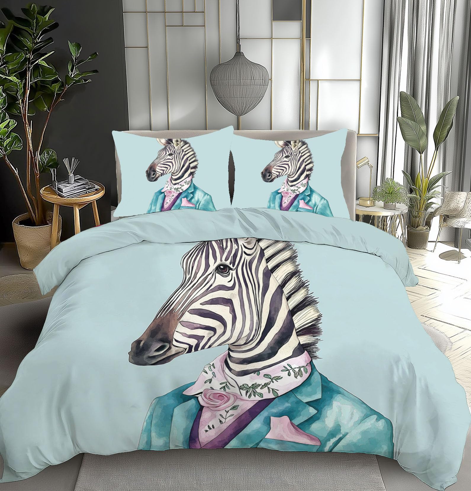 Parure de couette imprimé zèbre bleu clair pour lit double style vintage