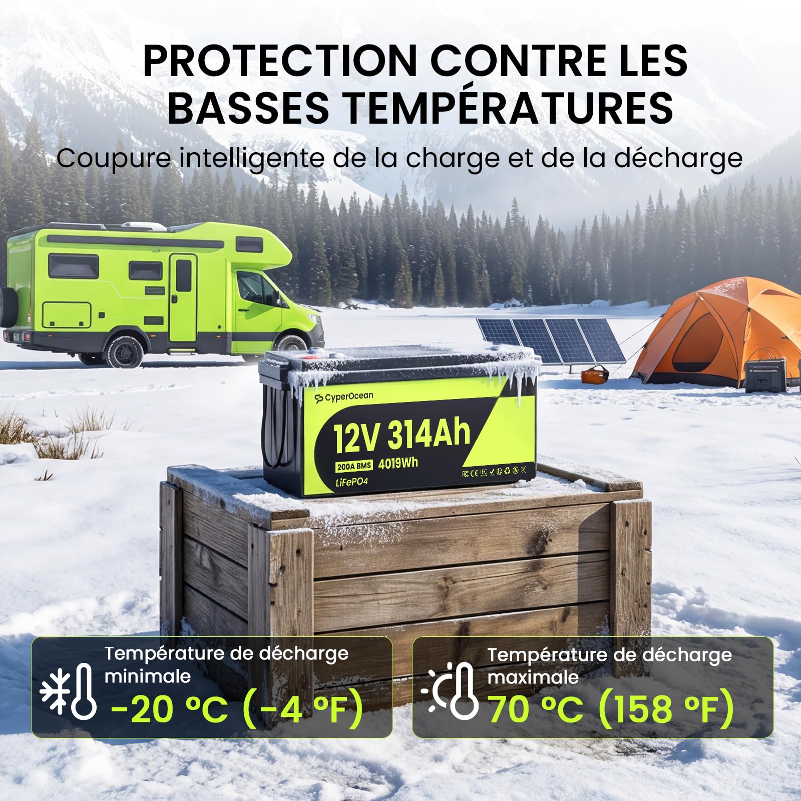 Lot de 2 Batteries LiFePO4 12V 314Ah, 8038Wh Batterie Lithium avec BMS 200A Protection Basse Température, Plus de 15000 Cycles, pour Camping-Car, Solaire, Bateau, Système Hors Réseau