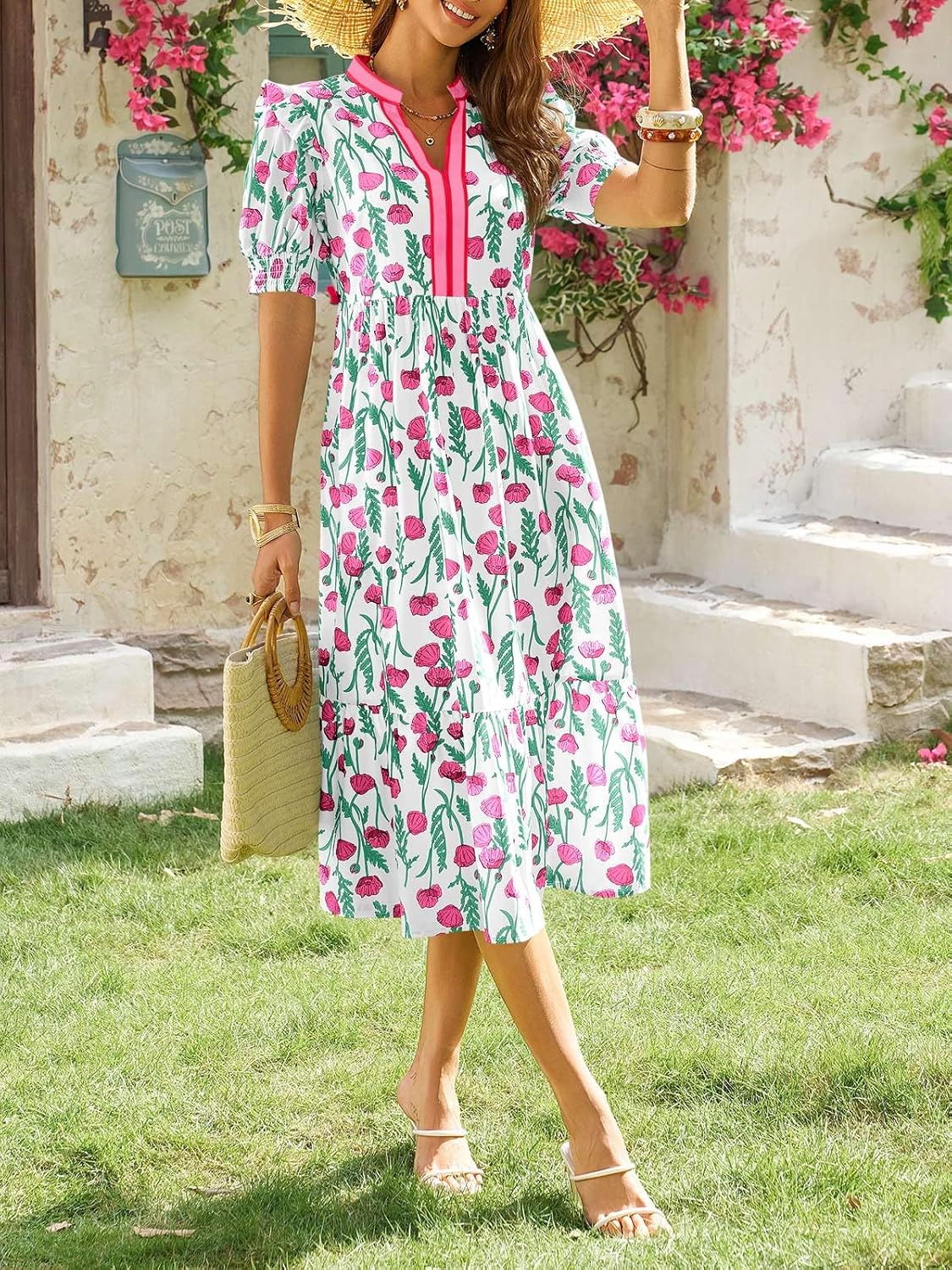 Wenrine Womens Summer Midi Dress Casual Floral Puff Short Sleeve V Neck Swing Flowy Boho Beach Dresses with Pockets