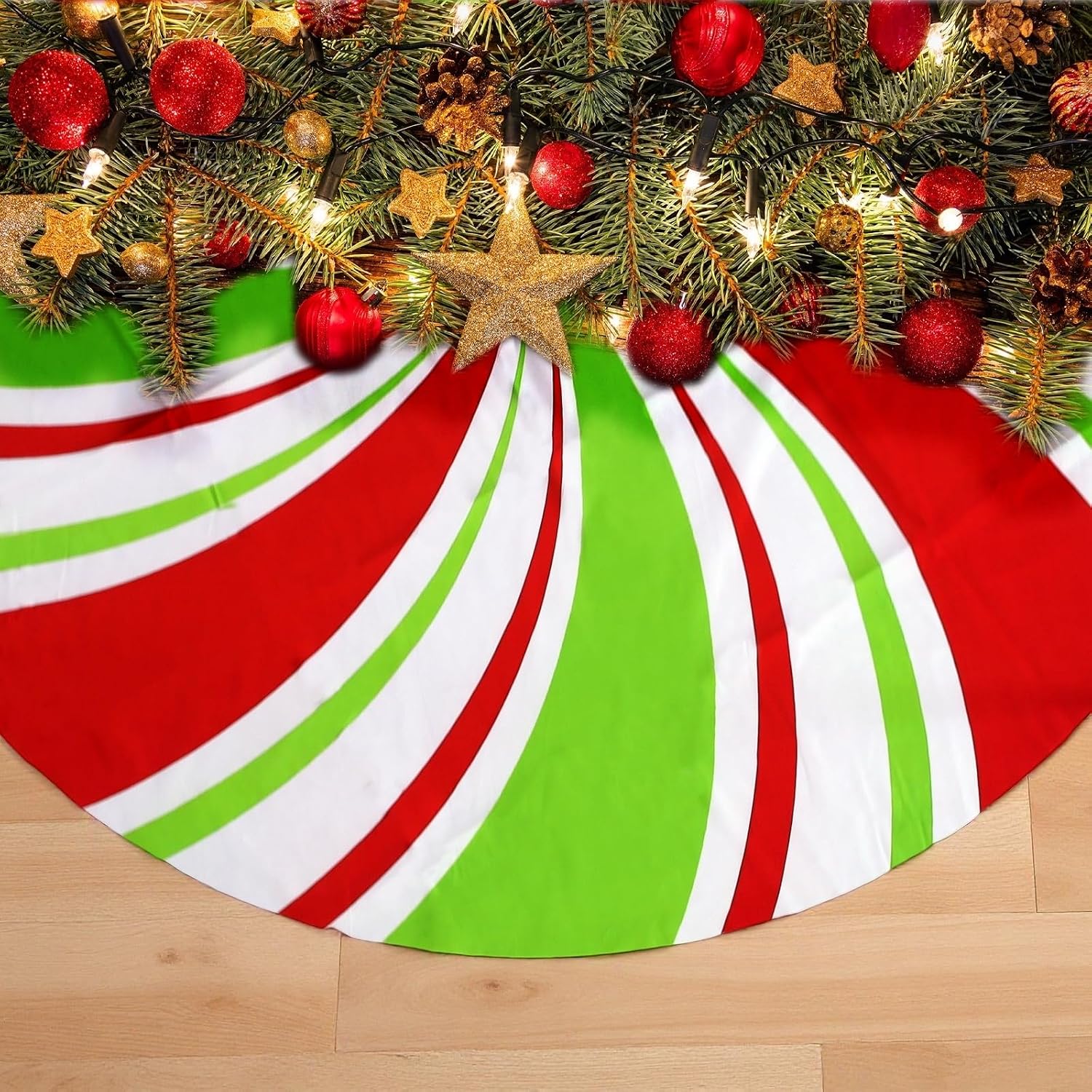 48 Inch Candy Cane Christmas Tree Skirt – Red, White & Green Peppermint Swirl Tree Skirt, Holiday Tree Mat for Candyland or Festive Christmas Décor