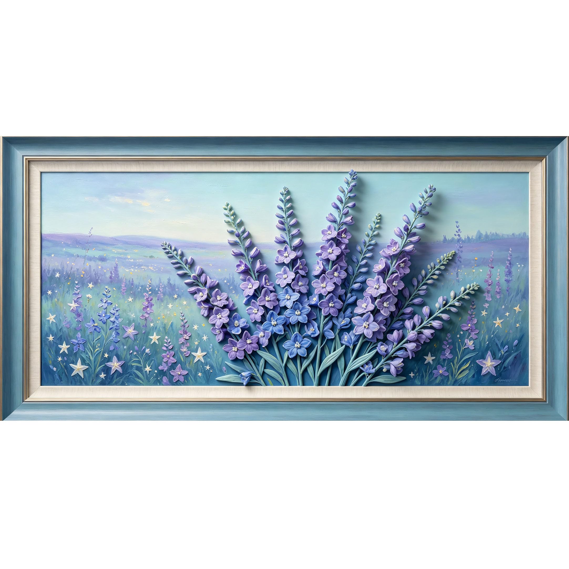 Agglomerix 3D Framed Wall Art Lavender Meadow Floral Botanical 3D Relief Wildflower Field Starflower Large Size Self-Adhesive Removable Wall Decor Prints Artwork for Living Room Bedroom Office