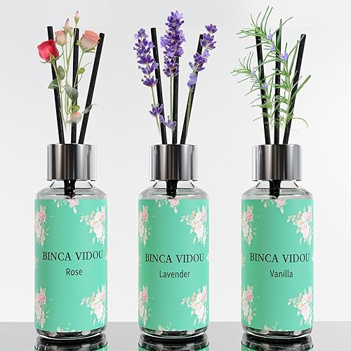 Binca Vidou Juego de 3 difusores de varillas de aceite de vainilla y rosa lavanda para dormitorio, sala de estar, oficina, aromaterapia, aceite