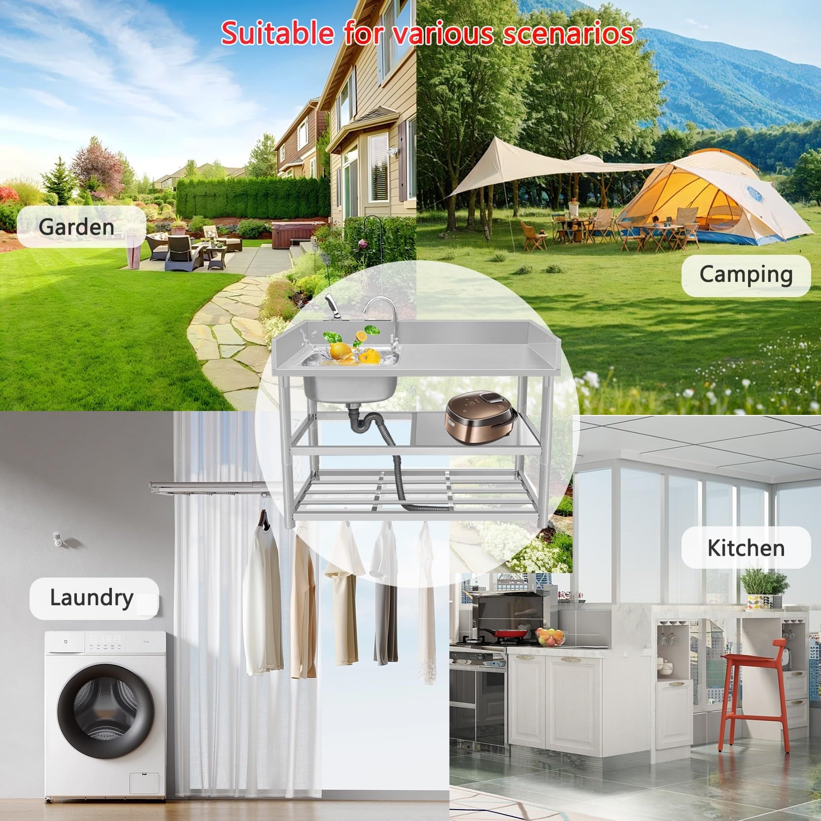 Edelstahl Spültisch Gastro 1 Becken Outdoor Spüle Küche Mobiles Waschbecken mit Armatur Freistehende Spülbecken Kitchen Sink Arbeitsplatte Ausgussbecken für Außen Werkstatt Pantryküche Camping Garten(