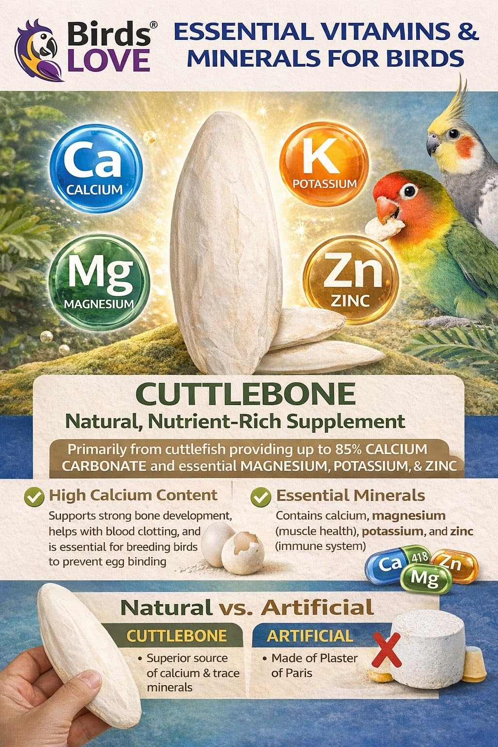 Birds LOVE 3.5-4″ Cuttlebones for Birds – 100% Natural Sun-Dried Calcium Carbonate Mineral Supplement – for Parakeets, Budgies, Cockatiels, Finches & Canaries – 12 Pack with Holder – Made in Vietnam - image 3
