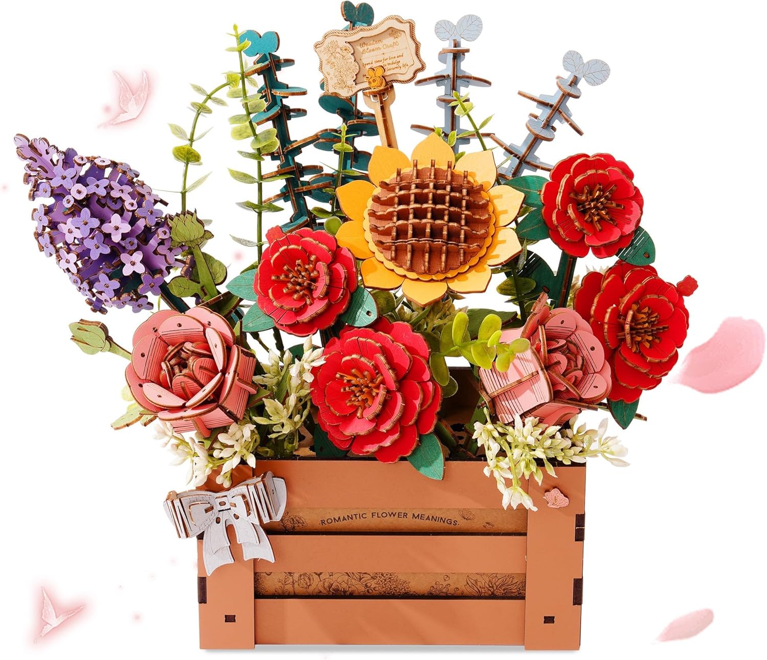 rowood 3D Puzzles for Adults,Mother's Day Wooden Flower Bouquet Building Set,DIY Artifical Flowers Botanical Collection,Adult Craft Kit as Christmas Birthday Valentine Gift-Wooden Bloom Box