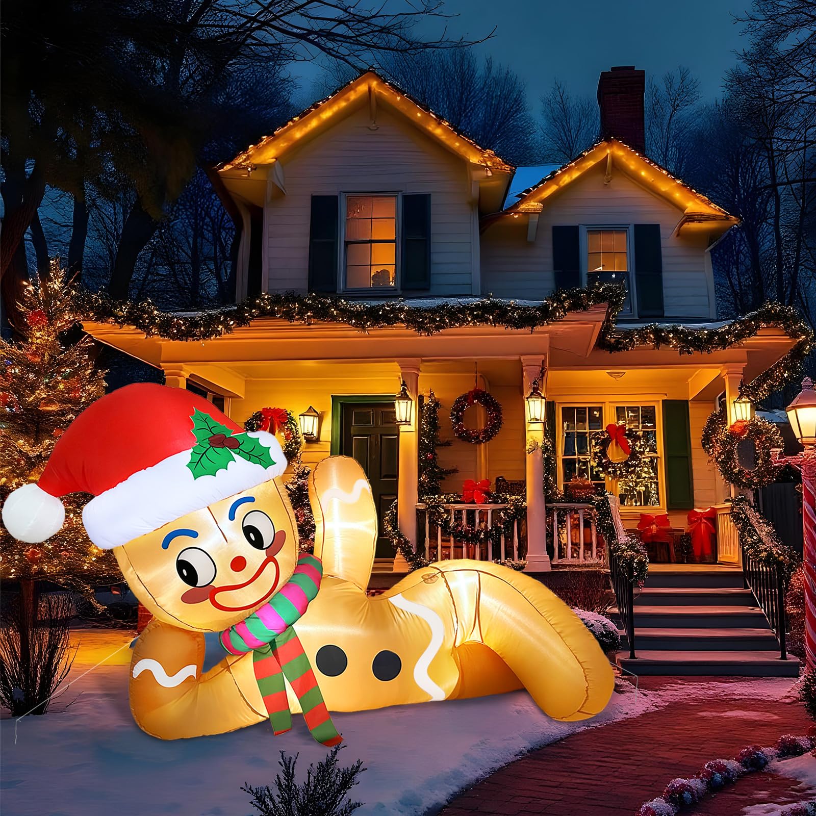 300 cm Aufblasbare Weihnachtsdeko Außen, liegender Weihnachtsdeko Aufblasbar Aussen Lebkuchenmann mit Integrierten LED Lichtern, Weihnachten Aufblasbar für Garten Rasen Hof Party Deko