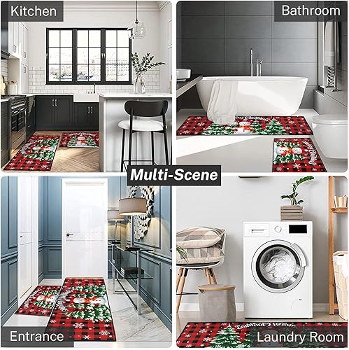 Miniatura 7 de ArtSocket Juego de 2 tapetes y tapetes de cocina antideslizantes y lavables, diseño de copos de nieve con diseño de muñeco de nieve, diseño de árbol