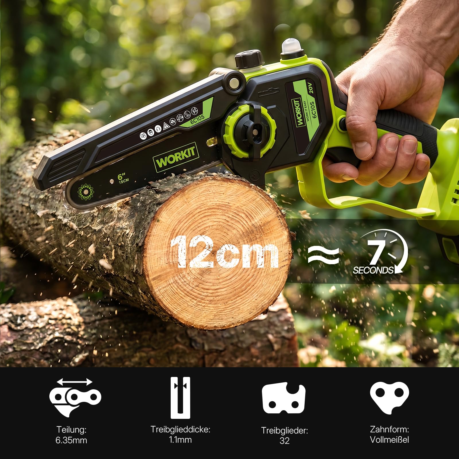WORKIT 20V Akku Kettensäge mit 2 Akkus, bürstenlose Mini Kettensäge mit automatischem Ölsystem, 12 cm Schnittlänge, Kettensäge Akku für Einhandbedienung und Gartenpflege
