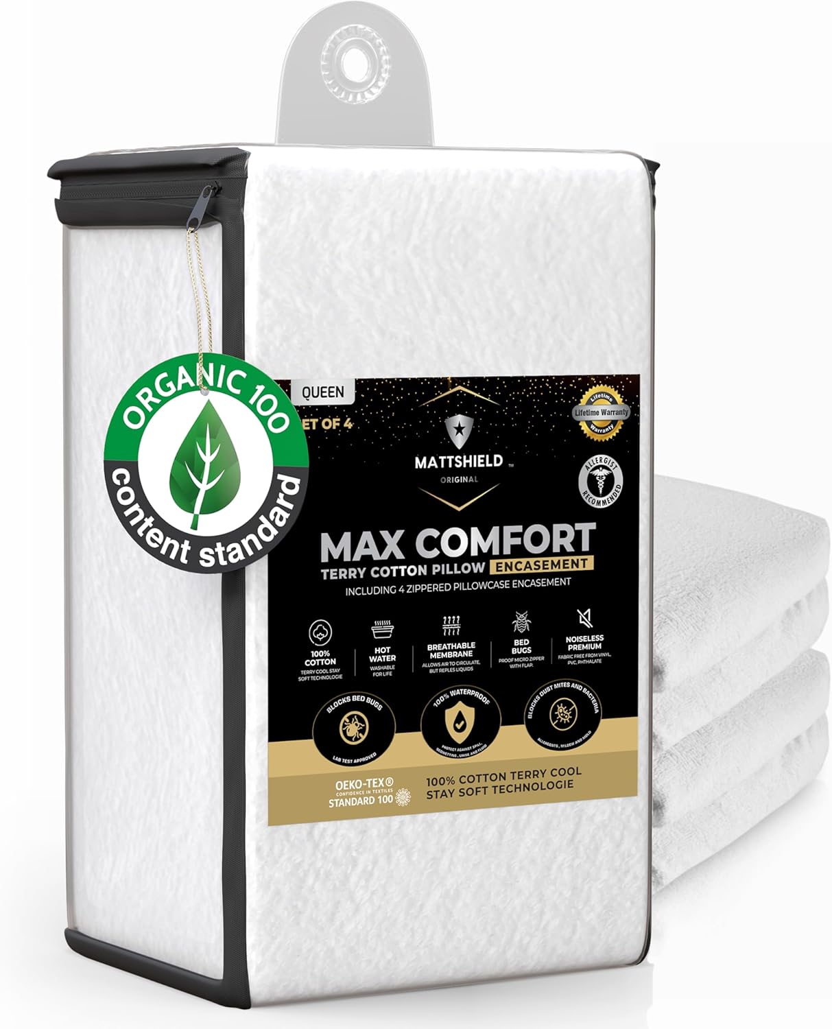 4 Pack Organic Cotton Pillow Protectors with Zipper Queen Size