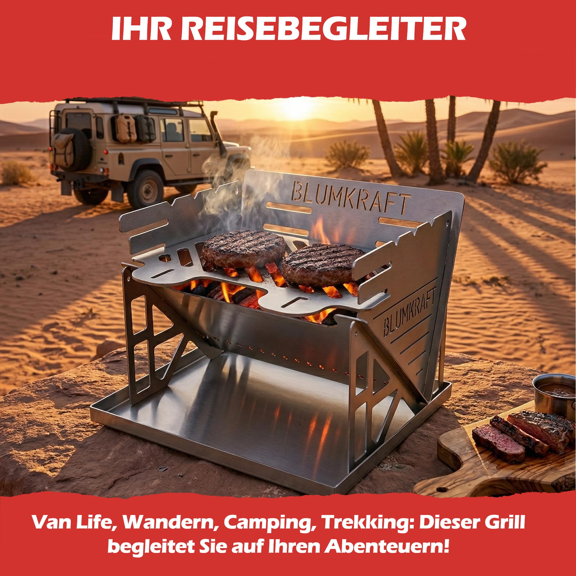Faltbarer tragbarer Grill aus Edelstahl - ultrakompakter Holzkohlegrill - abnehmbar, Camping, Wandern, Van Life - kleiner Edelstahlgrill für 1 oder 2 Personen