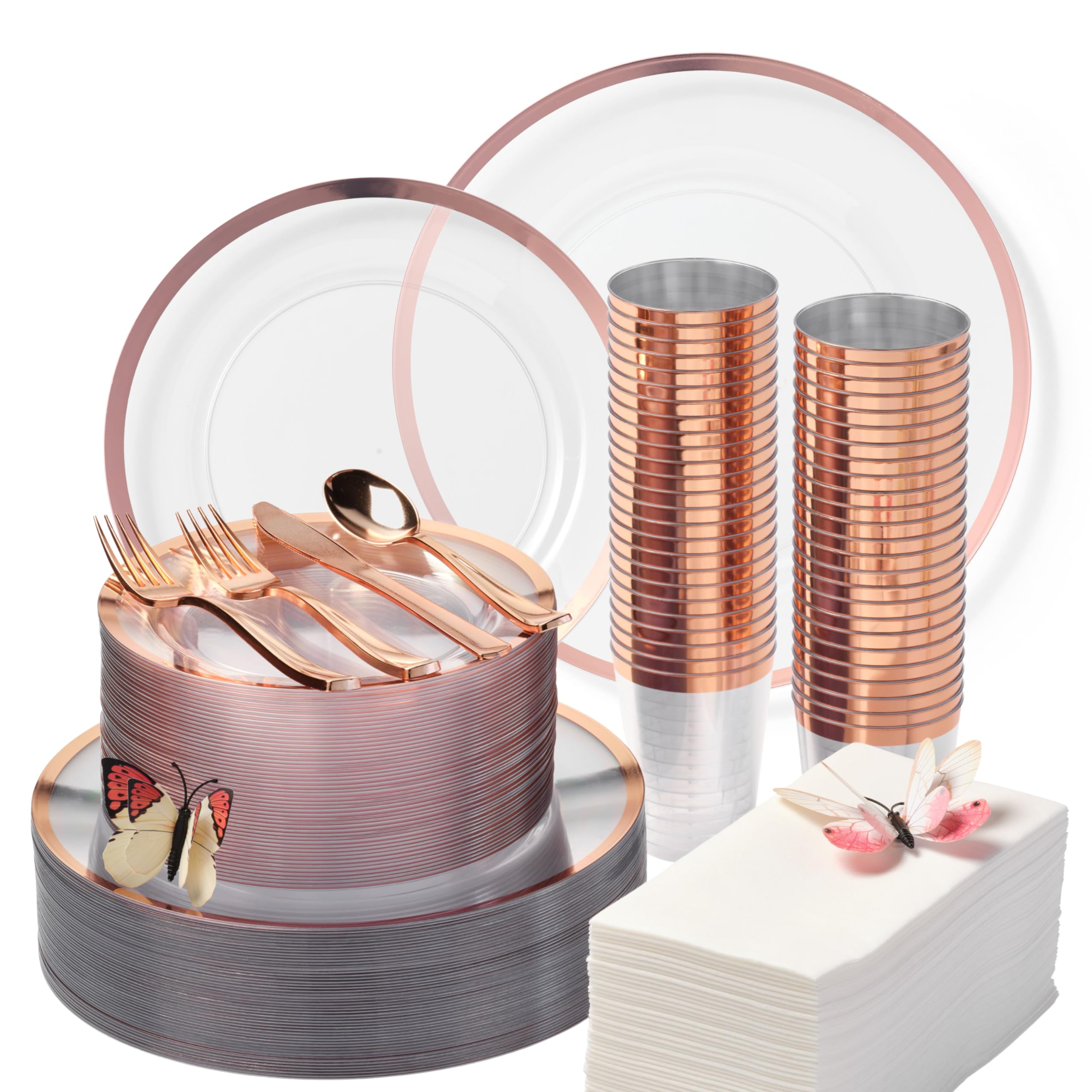 By Madee HEAVYWEIGHT 400 Pcs Clear and Rose Gold Plastic Plates for Party | 50 Guest Disposable Dinnerware Set | Premium Party Supplies | Gift of 3D Butterflies
