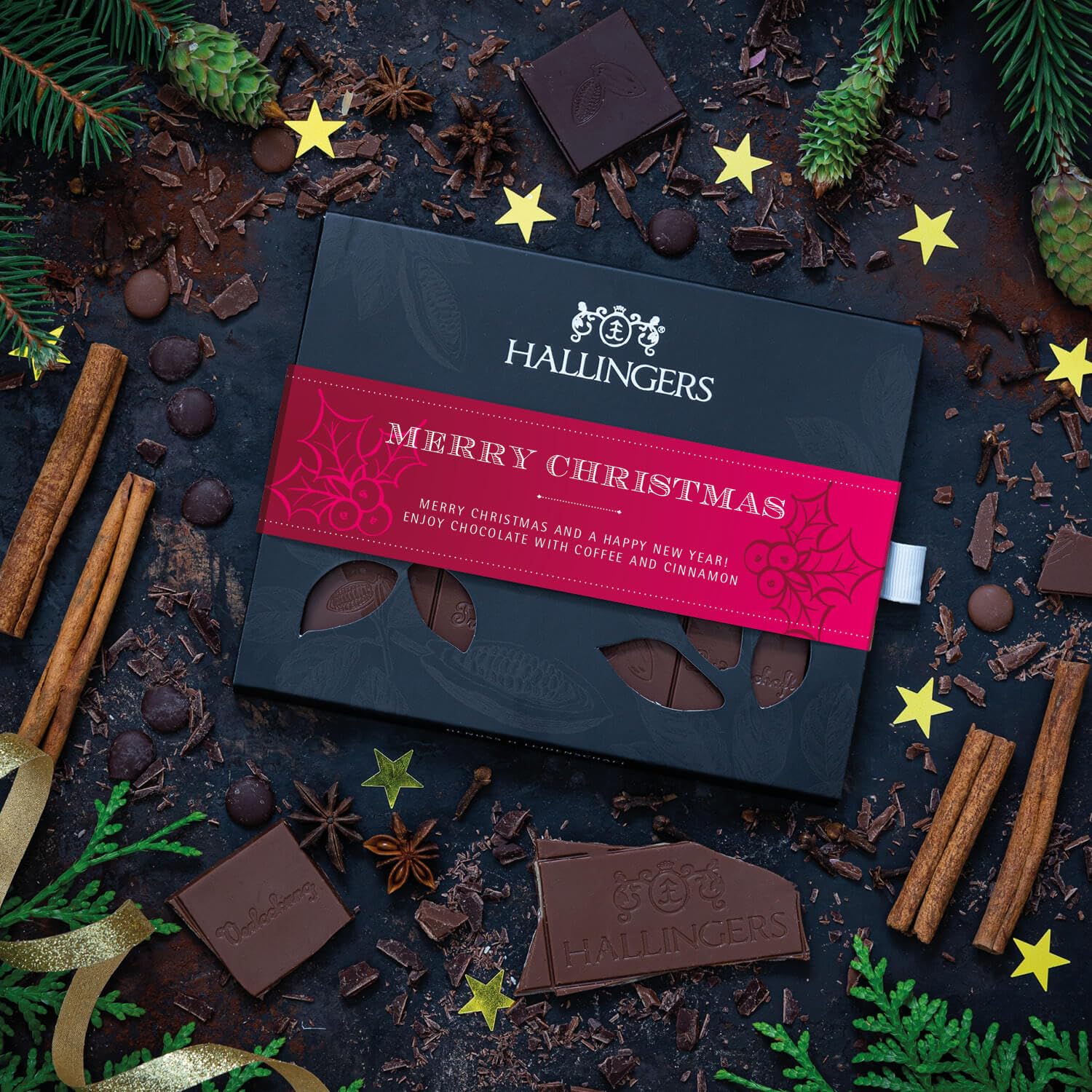 Hallingers Genuss Manufaktur Schokolade Weihnachts-Geschenk - Tafel Edelkakao handgeschöpft ohne Alkohol edler Karton 10x "Merry Christmas" Kaffee-Zimt, Weihnachten für Frauen Männer