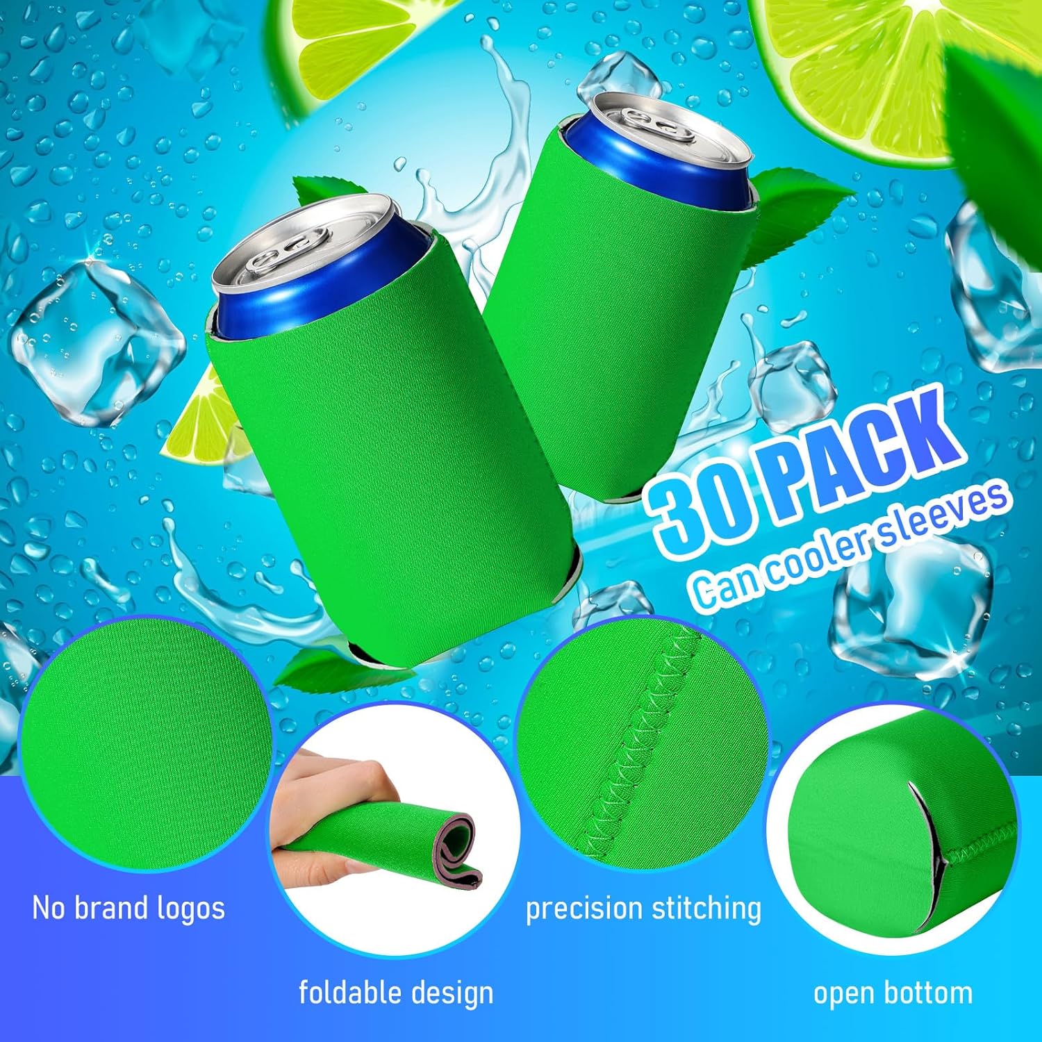 Sunnyray 150 Pack of Can Coolers Bulk, Neoprene Insulated Beer Cooler Sleeves, Can Sleeves for Soda Drink Water Bottle Birthdays Weddings (Blank Stlyle,Kelly Green)