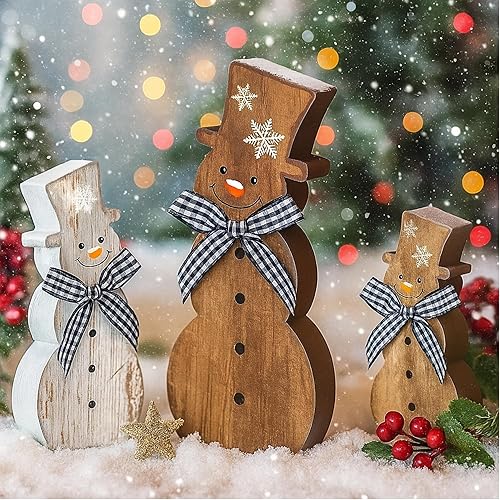 Chunful 3 piezas de decoración de mesa de muñeco de nieve de Navidad rústico marrón invierno muñeco de nieve de madera muñeco de nieve mesa centro