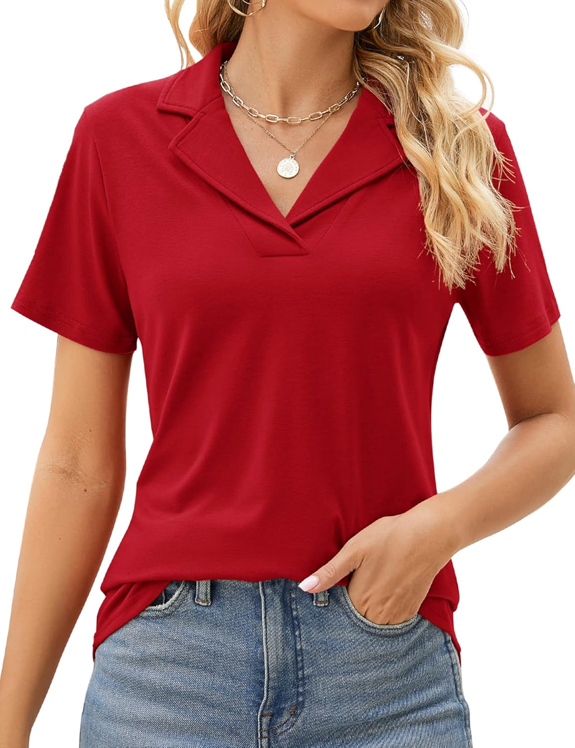 Rapbin Women’s Polo Shirts Lapel Collar V Neck Short Sleeve Blouse Dressy Casual Tunic Tops Rapbin Women’s Polo Shirts Lapel Collar V Neck Short Sleeve Blouse Dressy Casual Tunic Tops