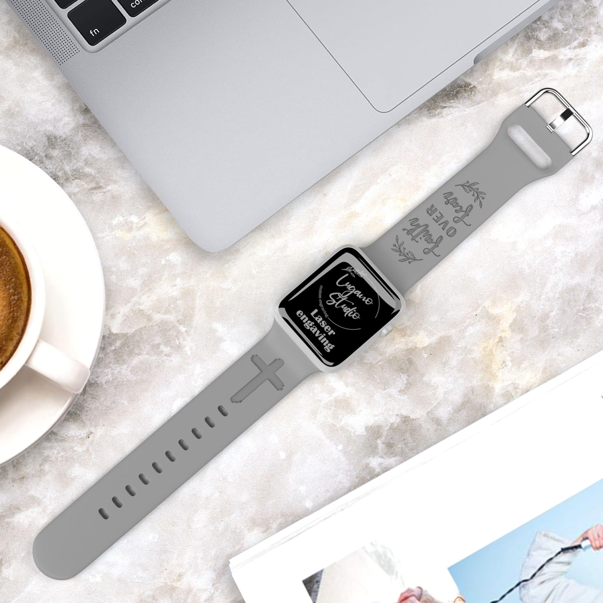 Faith Over Fear Watch Band compatible with Apple Watch Laser Engraved iWatch Band Silicone 38mm 40mm 41mm 42mm 44mm 45mm 49mm Strap Jesus Psalm Christian God (38/40/41mm S/M, Grey)