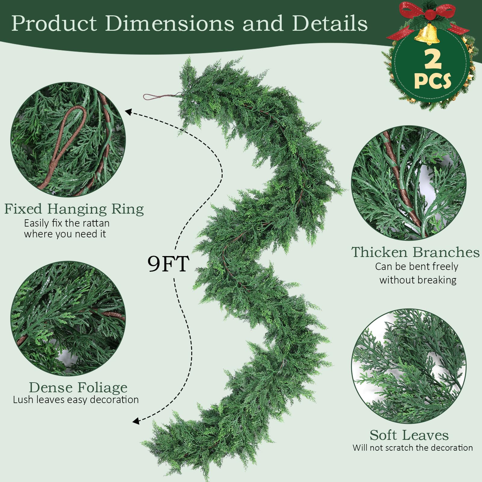 Rowfad Lot de 2 guirlandes de cèdre de Noël de 2,7 m - Guirlande de verdure artificielle verte réaliste pour table, cheminée, mur, intérieur et extérieur - 2,7 m