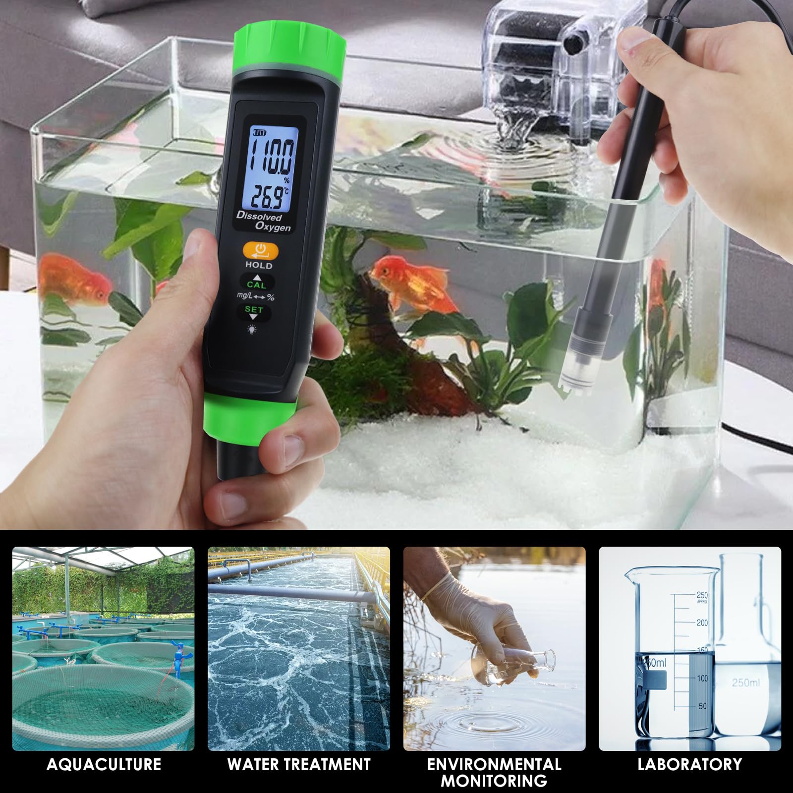 Medidor digital recargable de oxígeno disuelto | Medidor preciso de OD con sonda autoflotante, cable largo, LCD y batería ecológica | Ideal para peceras, hidroponía y más